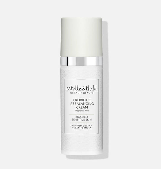 BioCalm probiotic rebalancing face cream, certified organic, vegan, sensitive skin, fragrance free, bottle, rosacea