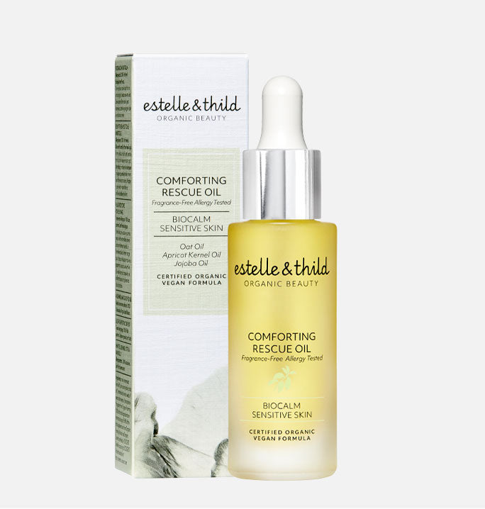 BioCalm comforting rescue face oil, sensitive skin, fragrance free, bottle and box