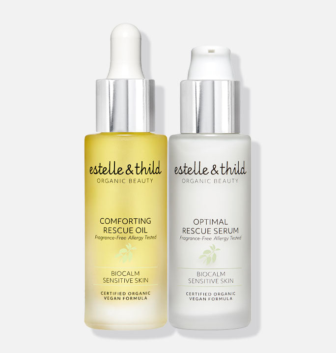 Biocalm rescue face oil and rescue serum, allergy tested, fragrance free, bottles