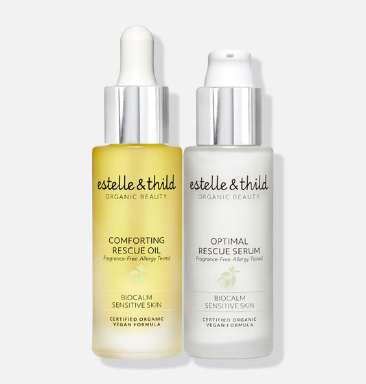 Biocalm rescue face oil and rescue serum, allergy tested, fragrance free, bottles