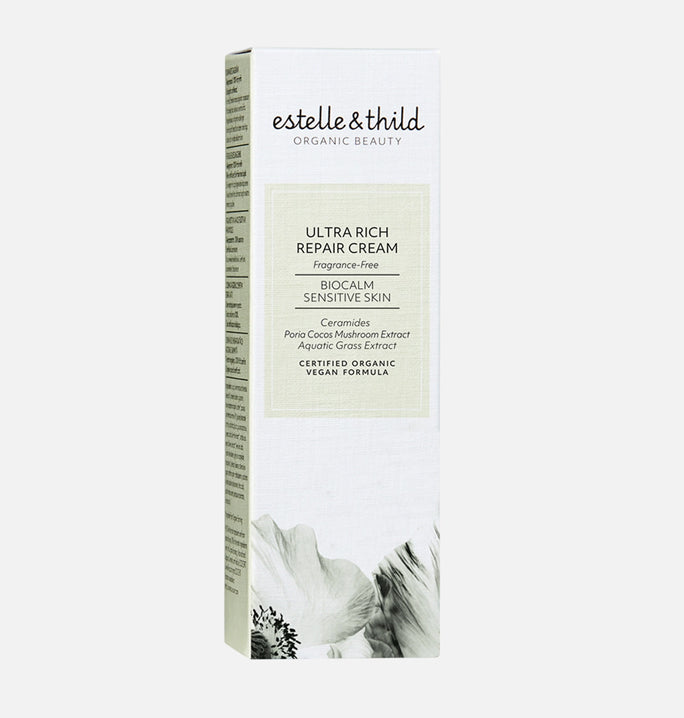 BioCalm ultra rich repair cream, face moisturiser, certified organic, vegan, sensitive skin, fragrance free, box
