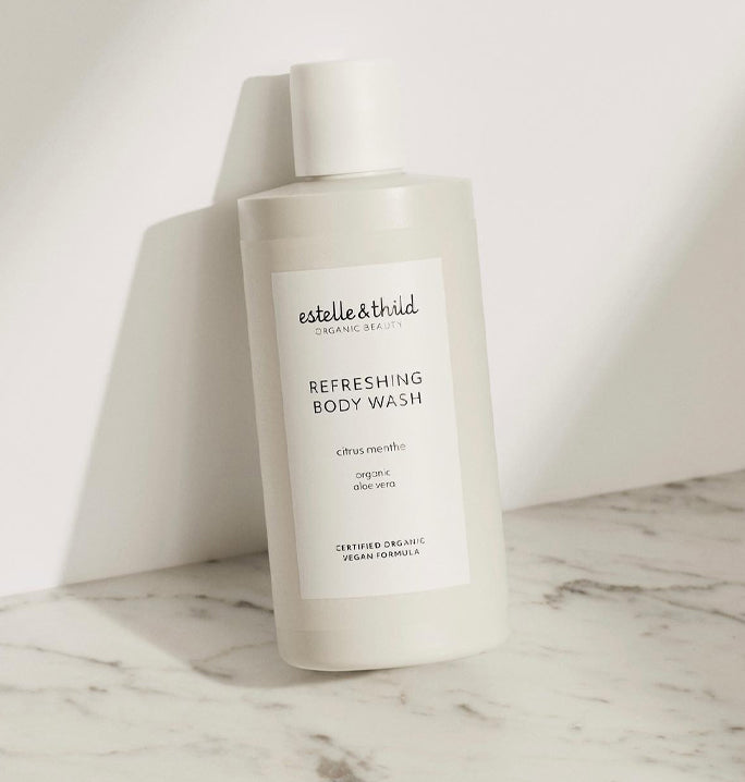 citrus, menthol, body wash, refreshing, vegan, organic, bottle, display
