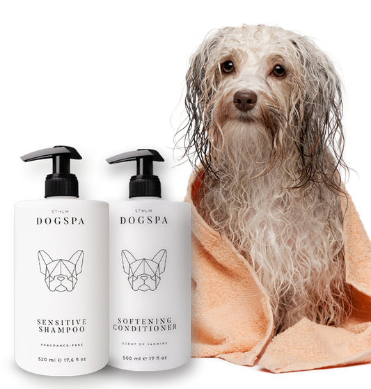 sensitive dog shampoo, softening dog conditioner, duo pack