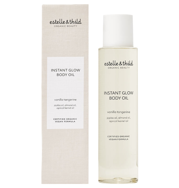 body oil, moisturising, vegan, organic, vanilla, bottle and box