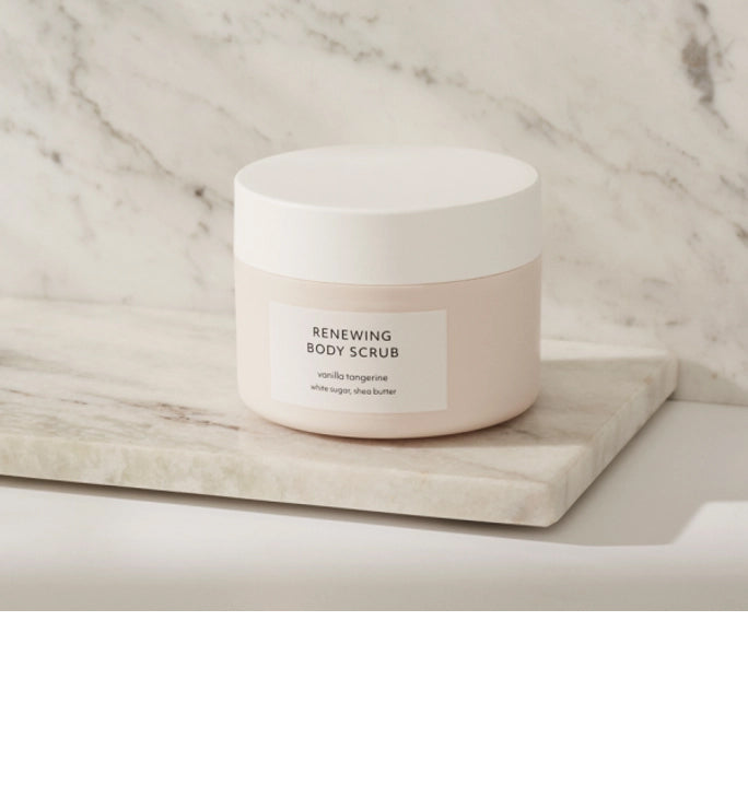 body scrub, renewing, vanilla, organic, vegan, display